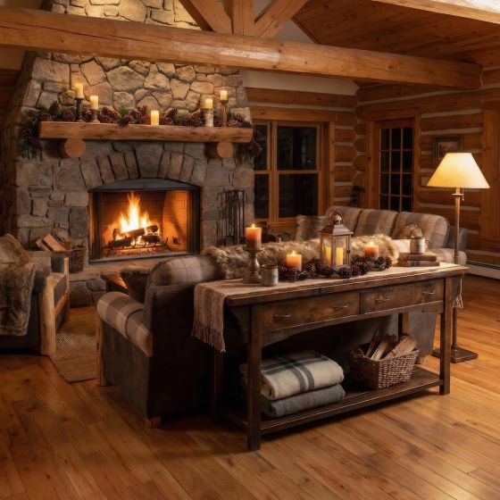 Rustic Sofa Table: Some lifestyle images are created with AI for visualization purposes. Crafted from natural solid wood, each piece is unique and will vary.