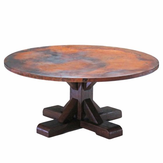 X Pedestal Hammered Copper Round Dining Table