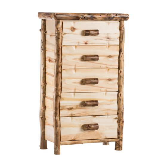 Yellowstone Aspen 5 Drawer Log Chest--Flat drawer fronts, Clear finish, Light aspen, Standard logs