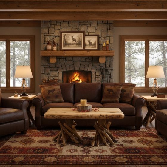 Rustic Log Coffee Table: Some lifestyle images are created with AI for visualization purposes. Crafted from natural solid wood, each piece is unique and will vary.