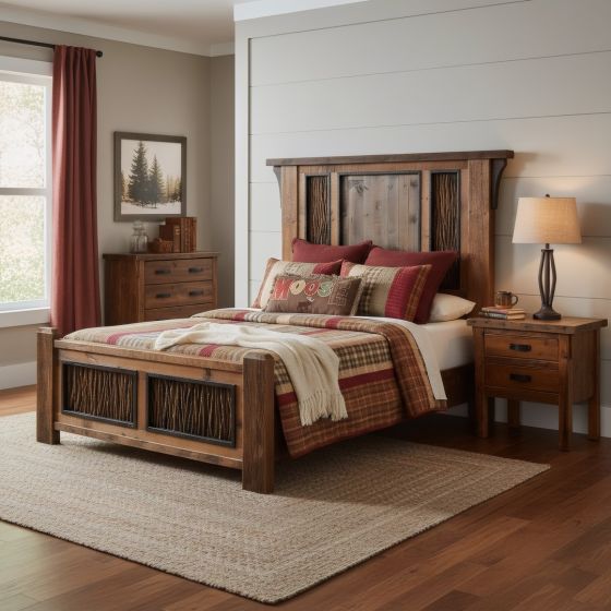 Barn Wood Panel Bed: Some lifestyle images are created with AI for visualization purposes. Crafted from natural solid wood, each piece is unique and will vary.