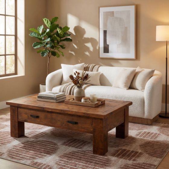 Barn Wood Coffee Table: Some lifestyle images are created with AI for visualization purposes. Crafted from natural solid wood, each piece is unique and will vary.