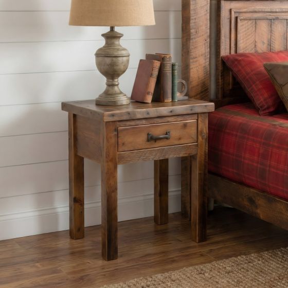 Barn Wood Nightstand: Some lifestyle images are created with AI for visualization purposes. Crafted from natural solid wood, each piece is unique and will vary.
