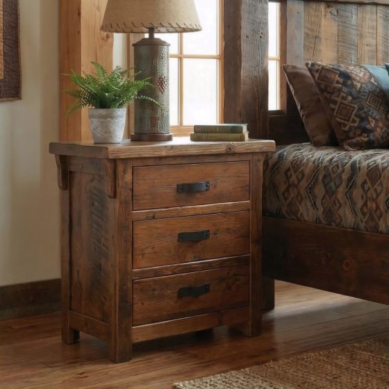 Barn Wood Nightstand: Some lifestyle images are created with AI for visualization purposes. Crafted from natural solid wood, each piece is unique and will vary.