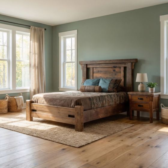 Barn Wood Nightstand: Some lifestyle images are created with AI for visualization purposes. Crafted from natural solid wood, each piece is unique and will vary.