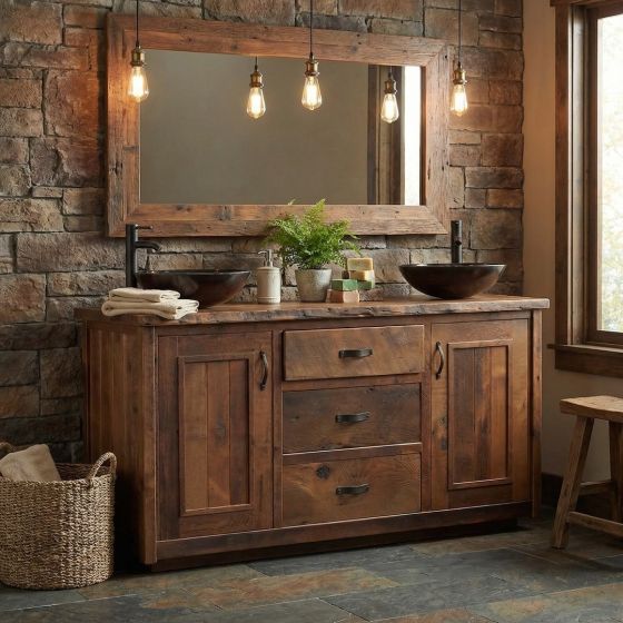 Barnwood Vanity: Some lifestyle images are created with AI for visualization purposes. Crafted from natural solid wood, each piece is unique and will vary.