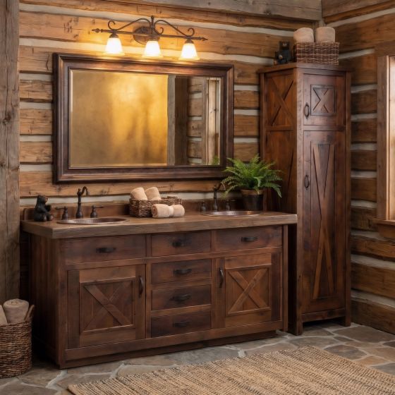 Rustic Barnwood Vanity: Some lifestyle images are created with AI for visualization purposes. Crafted from natural solid wood, each piece is unique and will vary.