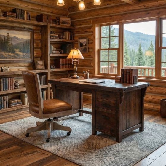 Rustic Barnwood Desk: Some lifestyle images are created with AI for visualization purposes. Crafted from natural solid wood, each piece is unique and will vary.