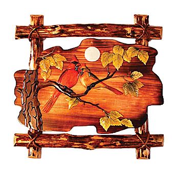 Cardinals In Tree Wood Art | With Log Frame