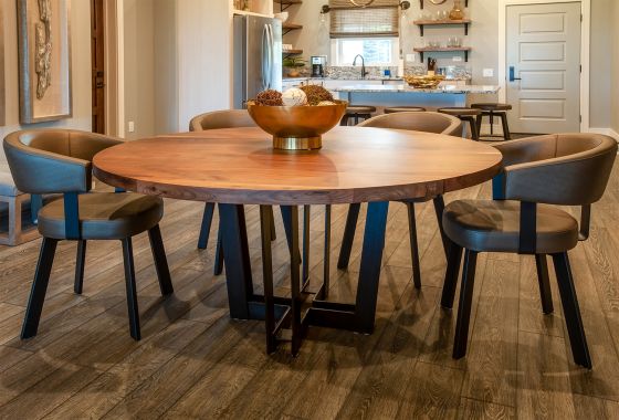Luxe Natural Wood Round Dining Table - Flat Edge Black Walnut Table Top - Natural Clear Table Top Finish
