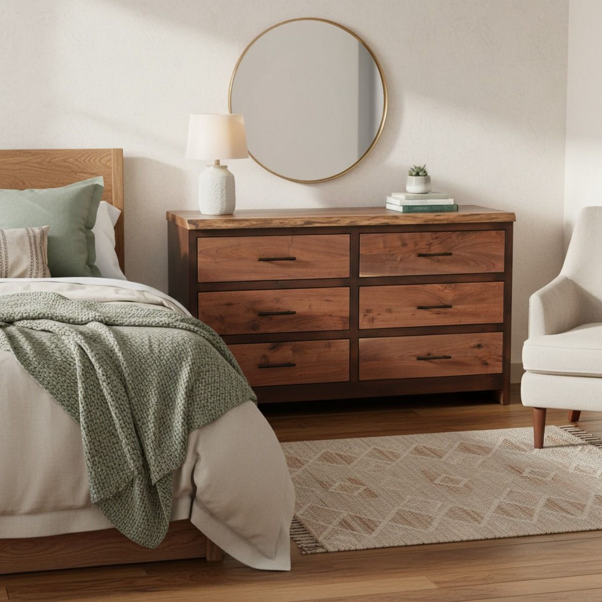 Modern Rustic Live Edge Walnut 6 Drawer Dresser