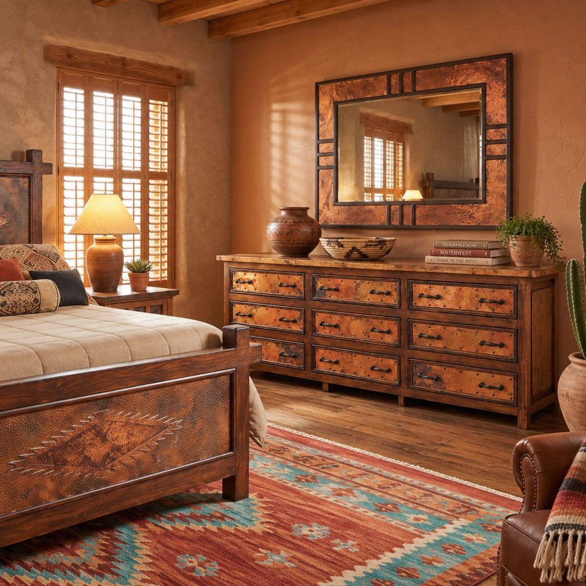 Hammered Copper 9 Drawer Low Profile Dresser - Rustic Bedroom