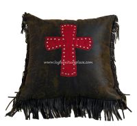 Cheyenne Red Tooled Leather Pillow with Cross