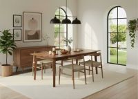 Mid-Century Modern Dining Table: Some lifestyle images are created with AI for visualization purposes. Crafted from natural solid wood, each piece is unique and will vary.