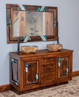 Rustic Mosaic Barnwood Vanity - Double Sink - Standard Drawers - Stone Sink Packages - Mosaic Mirror