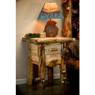 Aspen Lodge 2 Drawer Log Nightstand shown with flat drawer fronts and extra gnarly aspen