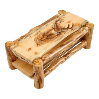 Carved Aspen Wildlife Mountain Man Coffee Table--Clear Finish w/ Deer Scene