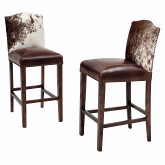 Cowhide Bristol Bar Stools - Burnt Umber Cypress Leather Upholstery w/ Cowhide Backrest