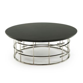 Contemporary Round Cage Coffee Table - Chamfer Edge - Ebony finish - Polished Stainless Steel base