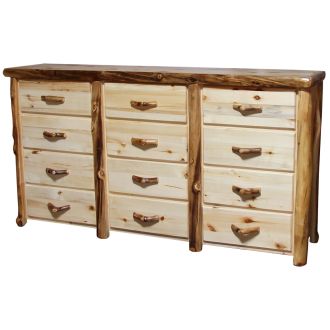 Beartooth Aspen 12 Drawer Log Dresser - 84" - Flat Fronts - Natural Panel & Natural Log