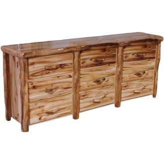 Beartooth Aspen 9 Drawer Log Dresser - 84" - Flat Fronts - Wild Panel & Natural Log