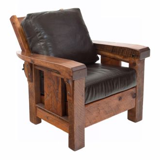 Giant Grove Reclaimed Barn Wood Chair - Morris Style Reclining - Hampton Molasses Genuine Leather Cushions