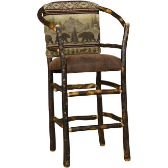 Rustic Hickory Log Hoop Bar Stool - Bear Mountain Backrest Fabric