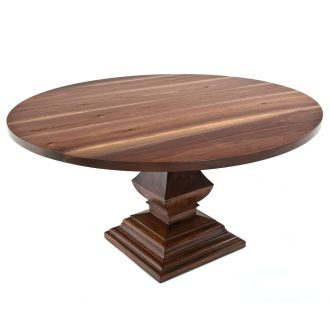 Refined Tuscan Round Dining Table - Flat Edge Black Walnut Tabletop - Natural Clear Tabletop Finish - Natural Mahogany Table Base