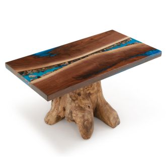 River Ridge Coffee Table - Black Walnut Table Top - Teak Stump Table Base - Light Blue Pearl Epoxy