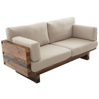 Rustic Real Wood Cushioned Loveseat shown in Natural Reclaimed Wood with Cream Fabric Cushions