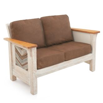 Rustic Chevron Barnwood Loveseat - Brown Genuine Leather Cushions