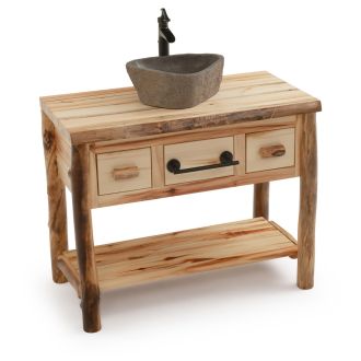 Rustic Colorado Aspen Open Log Bathroom Vanity with Towel Bar & Stone Sink & Faucet Package
