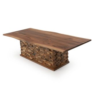 Modern Rustic Stacked Brick Dining Table With Live Edge Black Walnut Tabletop in Natural Clear Tabletop Finish - Larger Single Base