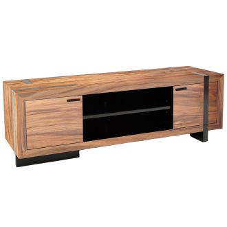 Soft Modern Media Console shown in Golden Walnut 2 Door style with Ebony Mahogany Base