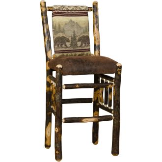 Rustic Hickory Upholstered Straight Back Bar Stool - Bear Mountain Backrest Fabric