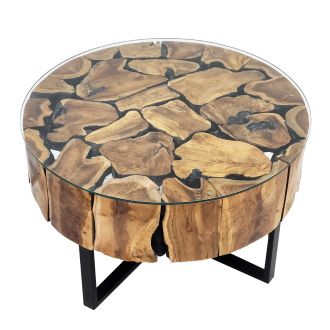 Urban Organic Chic Round Teak Glass Top Coffee Table