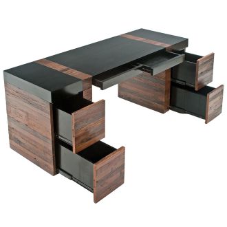 Urban Rustic Mahogany & Reclaimed Wood 6 Drawer File Desk shown with drawers open 