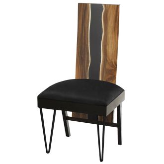 Urban Rustic Wildwood Upholstered Dining Chair - Live Edge Golden Walnut Backrest - Metal Hairpin Legs - Parisian Night Black Leather Upholstered Seat