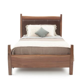 Live Edge Walnut Upholstered Panel Bed - Upholstered Panel in Chocolate Brown Leather 