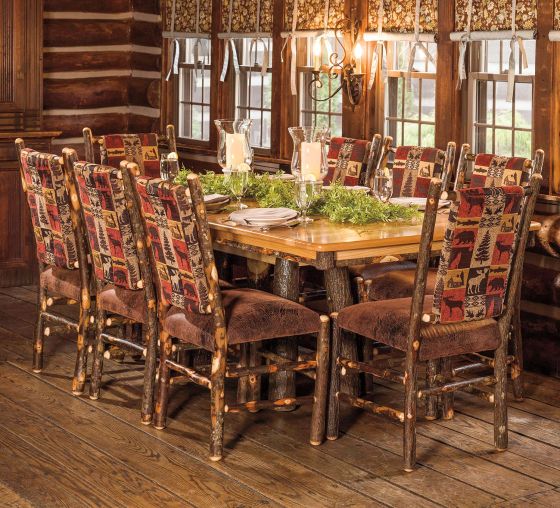 Hickory Trestle Table with Upholstered Hickory Log Chairs