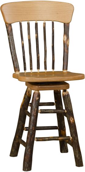 Rustic Hickory Swivel Log Oak Back Barstool