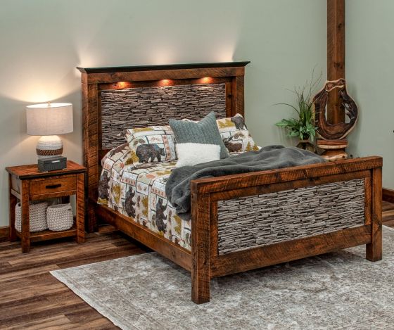 Weathered Faux Stacked-Stone Barnwood Bed and Nightstand