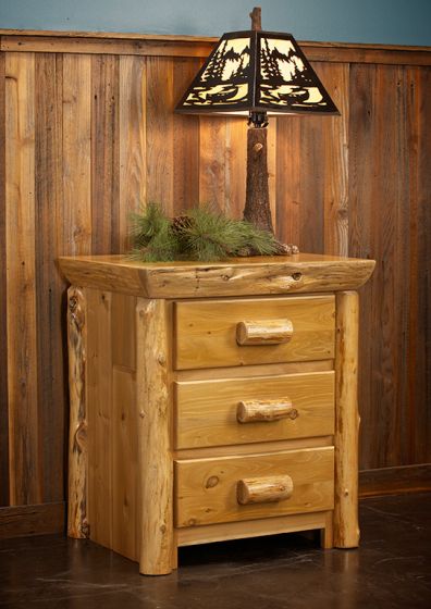 Cedar Lake Cabin 3 Drawer Log Nightstand--Flat drawer fronts, Honey finish