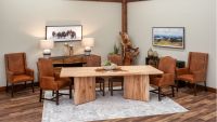 Canyon Ridge Dining Table - Shown with Regal Bomber Jacket Leather Upholstered Arm Dining Chairs, and Bristol Bomber Jacket Leather Upholstered Arm Dining Chair