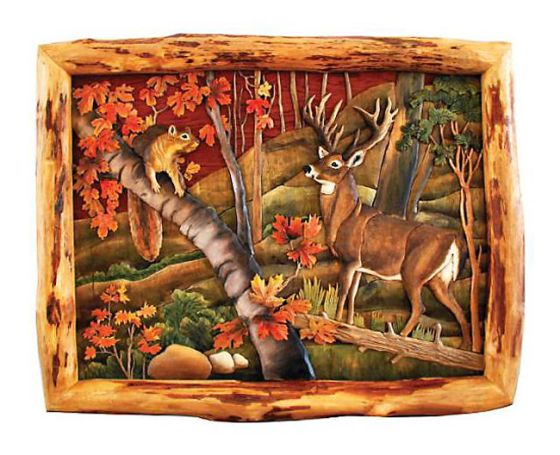 Deer and Squirrel in Fall Wood Art | With Log Frame