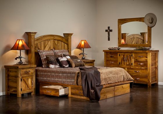 Heartland Weathered Wood Platform Bedroom Set--Honey finish, Platform drawers w/ leather handles