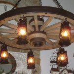 Large Faux Wagon Wheel Chandelier with Lanterns