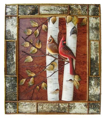 Cardinals in Birch Tree Rustic Wood Art