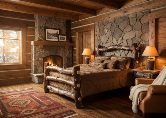 Lodge Aspen Log Bed: Some lifestyle images are created with AI for visualization purposes. Crafted from natural solid wood, each piece is unique and will vary.