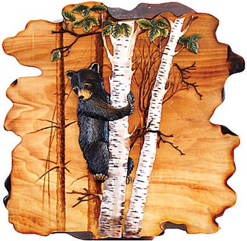 Black Bear Cub in Birch Tree Wood Art